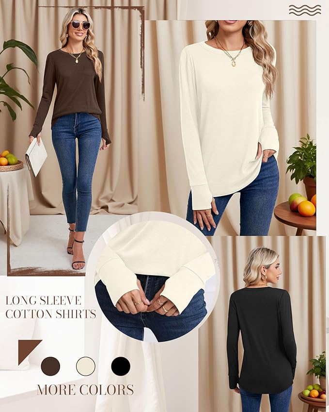 Huukeay 3 Pack Women's Long Sleeve Shirts with Thumb Holes, Cotton Casual Crew Neck Tunic Tops Fall Loose Y2k Trendy Outfits