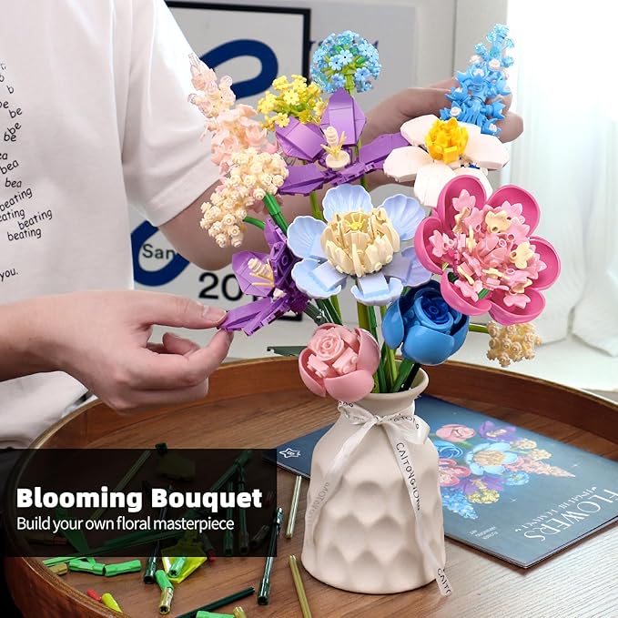 SUNHABI Flower Building Set for Adults Flower Bouquet Botanical Collection Unique Home Décor or Office Décor Great Gift for Her and Him (VASE NOT Included)