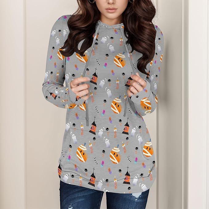 domirica Halloween Hooded Sweatshirt Long Sleeve Pocket Trendy Pumpkin Skull Sweatshirt Halloween Costumes For Holiday Party