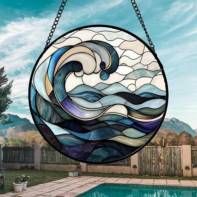 Stained Glass Window Hanging, Ocean Waves Sun Catchers Diamond Glass Panel Hangings Abstract Suncatcher Decor for Birthday for Women, Men, Wife, Aunt, and Mom 14.9x14.9 in
