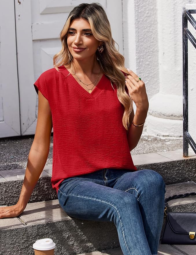 Zeagoo Womens Tops Cap Short Sleeve Textured Blouse V Neck Summer Spring Shirts Business Casual Outfits