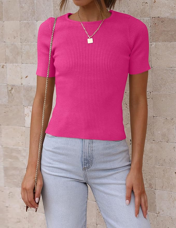 ZESICA Women's Short Sleeve Sweater Tops 2026 Summer Crewneck T Shirt Ribbed Knit Slim Fit Basic Solid Color Tee