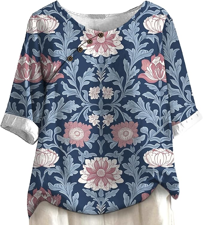 Women's Shirts Dressy Casual Asymmetric Side Button Down Design Tops Summer Loose Fit Crewneck Graphic Tees