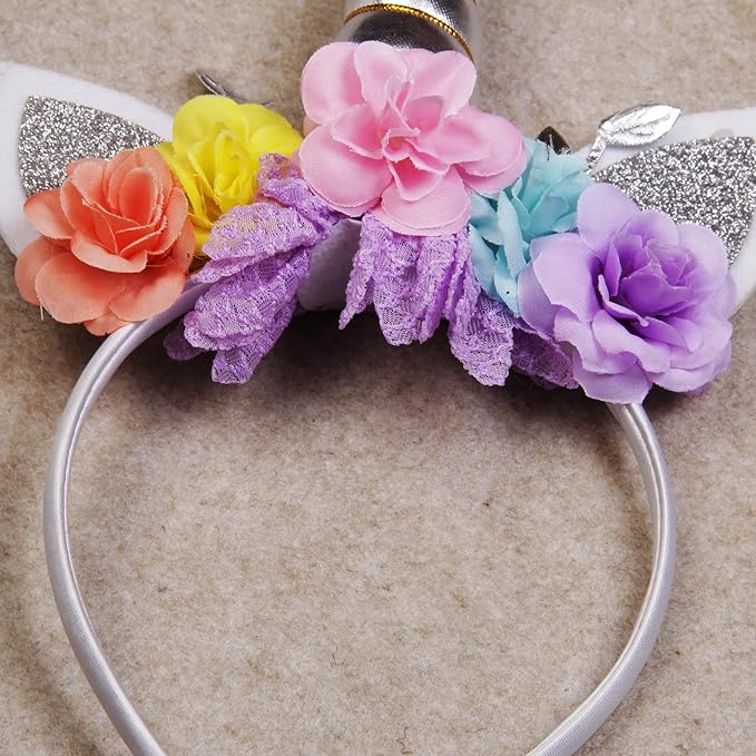 Nishine Unicorn Horn Floral Headband Glitter Ears Pony Head Bands Tiara for Girls Party Birthday Cosplay