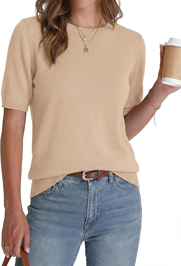 BTFBM Short Sleeve Sweater for Women Spring Tops Crew Neck Lightweight Pullover Loose Dressy Casual Blouse Basic Clothes
