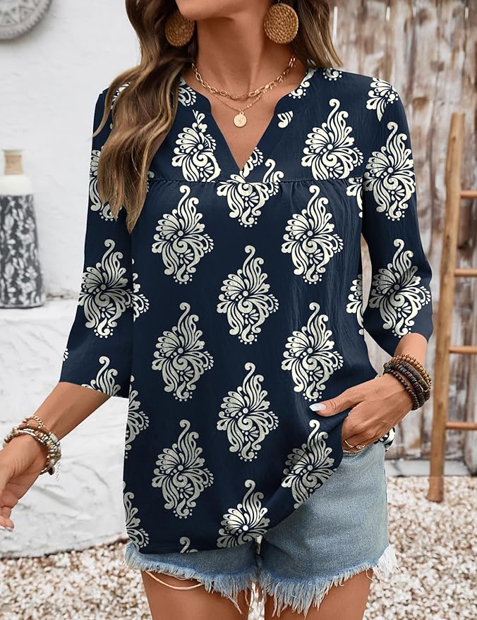 Rapbin Womens 3/4 Sleeve V Neck Floral Print Pleated Blouses for Women Dressy Casual Loose Fit Tops
