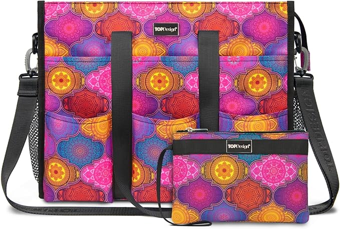TOPDesign Utility Water Resistant Tote Bag with 22 Pockets, Top Zipper Closure & Thick Bottom Support, for Working Women