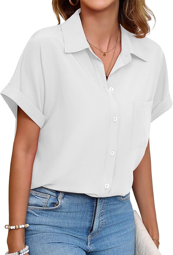 Womens Button Down Shirt Casual Short Sleeve Collared Work Blouse with Pocket