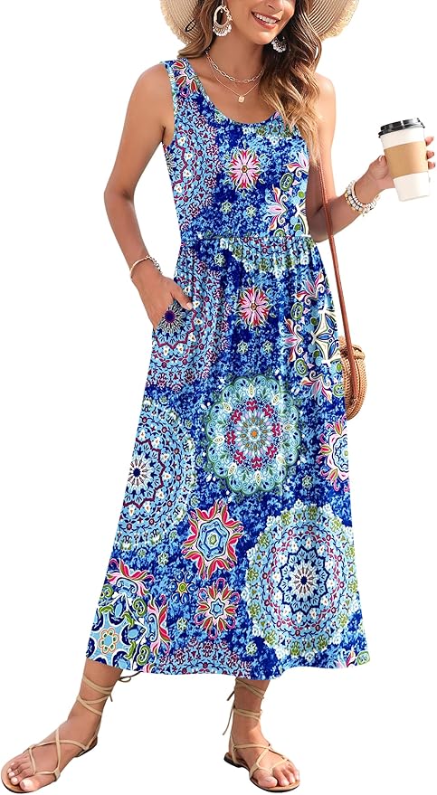 WNEEDU Women's Summer Maxi Dress 2026 Casual Sleeveless Hawaiian Sundress Tropical Long Dress Beach Vacation Outfit