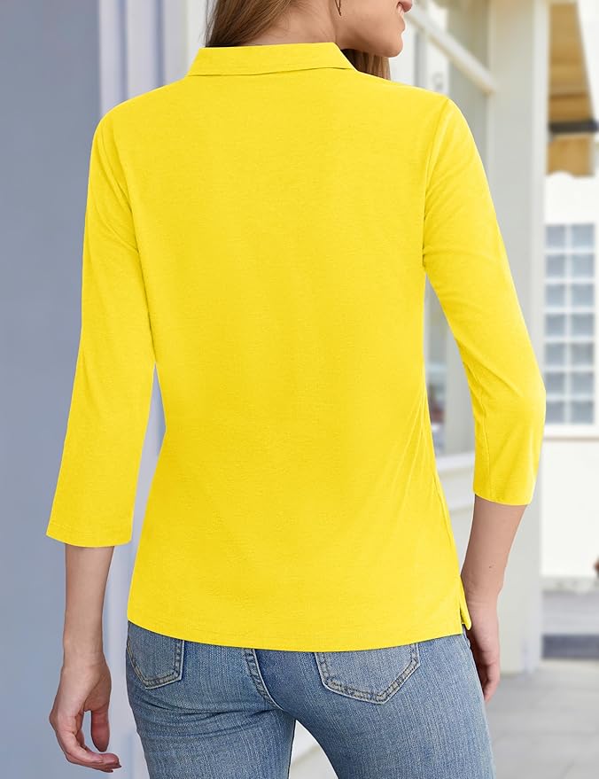 YUCOLEN Polo Shirts for Women 3/4 Sleeve Tops Golf Tees 5-Button Collared Cotton Shirt Business Casual
