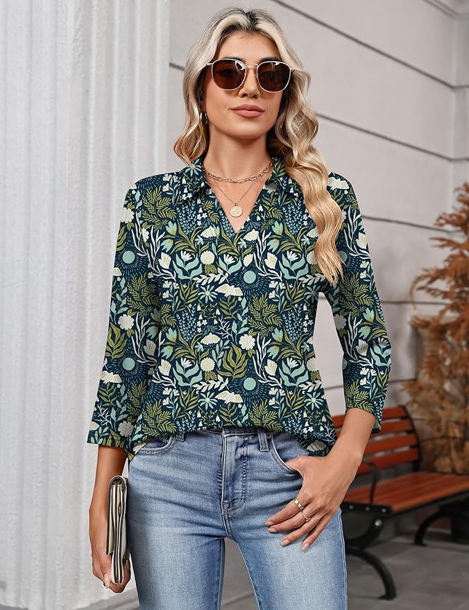 LOMON 3/4 Length Sleeve Womens Tops 2026 Spring Summer Collared Polo Shirts V Neck Casual Basic Polos Tees Shirt