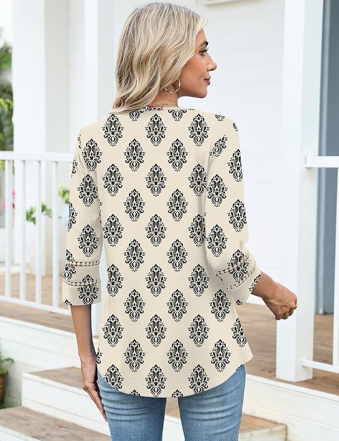 Ivicoer 3/4 Length Sleeve Womens Tops V Neck Lace Embroidered Summer Blouses Loose Fit Tunic Dressy Casual