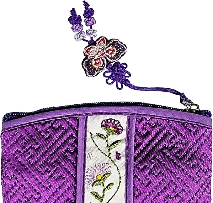 Seoulful Vintage Korean Embroidered Card Pouch - Wildflower Design Coin Purse with Butterfly Charm - Traditional Korean New Year's Gifts (Purple)