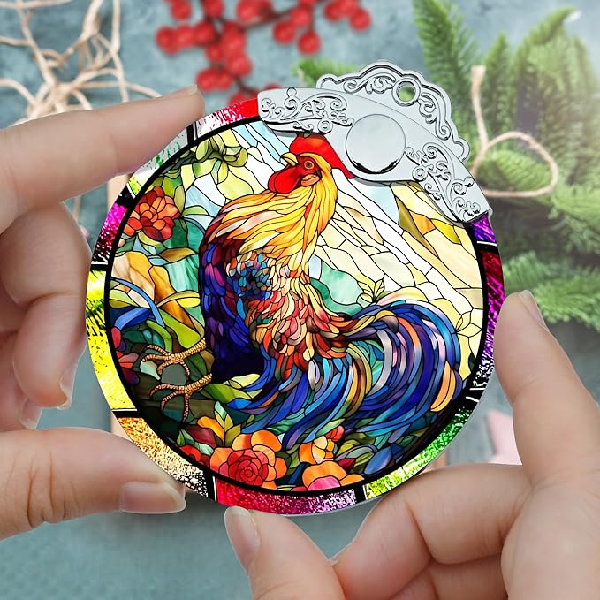 Jocidea Glass Chicken Christmas Ornament, Semi Transparent Stained Glass Ornament, Colorful Festive Decor for Holidays and Gifts