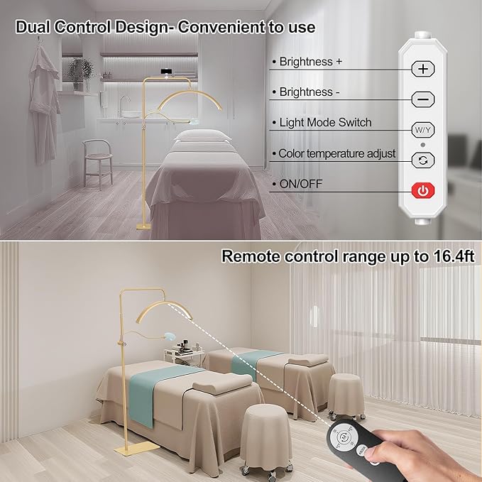 Half Moon Lash Light - Adjustable LED Floor Lash Lamp with 4X Magnifier & Phone Holder for Eyelash Extensions,Nail Art,Tattoo,Skincare,Salon SPA-Dimmable Brightness,Rotating Head, Gold