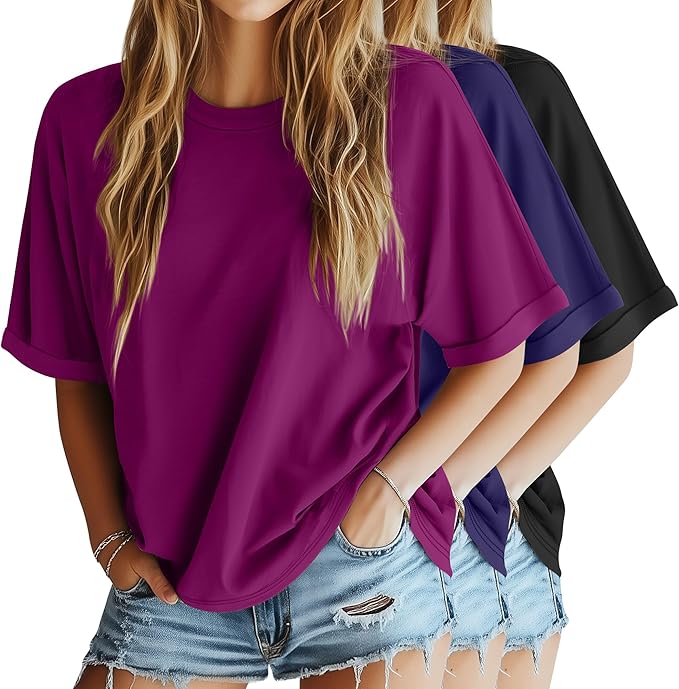 Riyiper 3 Pack Women's Oversized T-Shirt Half Sleeve Summer Tees Casual Loose Fit Crew Neck Basic Tops