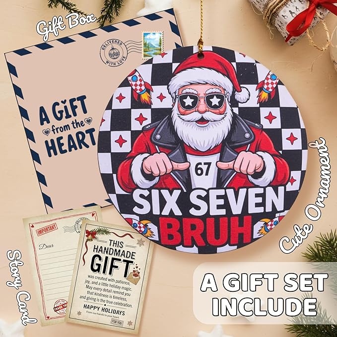 67 Funny Christmas Ornament – 67 Meme Santa Says Six Seven Bruh, Funny Teen Slang Santa Ornament, Double-Sided Wood UV Print, Viral Christmas Decor Gift for Gen Z Teens Boys Girls