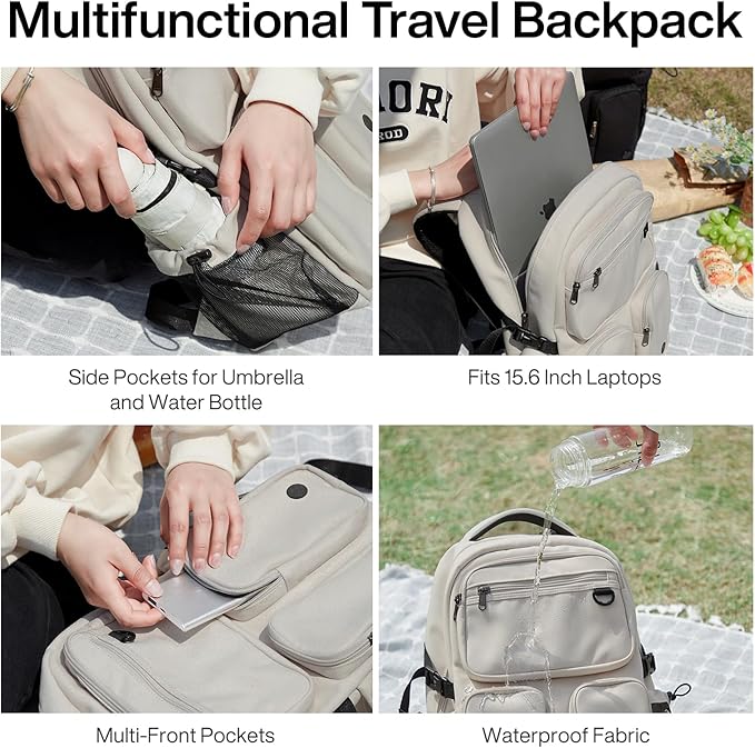 mixi Travel Laptop Backpack, Lightweight Durable School Bookbag Men Woman 15.6" Computer Bag, Water Resistant Outdoor Hiking Backpacks With Multifunction Pockets, 16 Inch, Beige