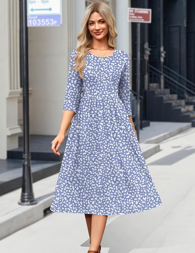 Zeagoo 3/4 Sleeve Women's Dress Casual Flowy A-Line Midi Tshirt Dresses with Pockets Crewneck Vocation Boho Beach Sundress