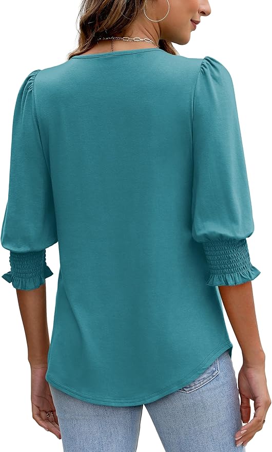 XIEERDUO Blouses for Women Dressy Casual 3/4 Length Sleeve Womens Tops with Smocked Cuffs