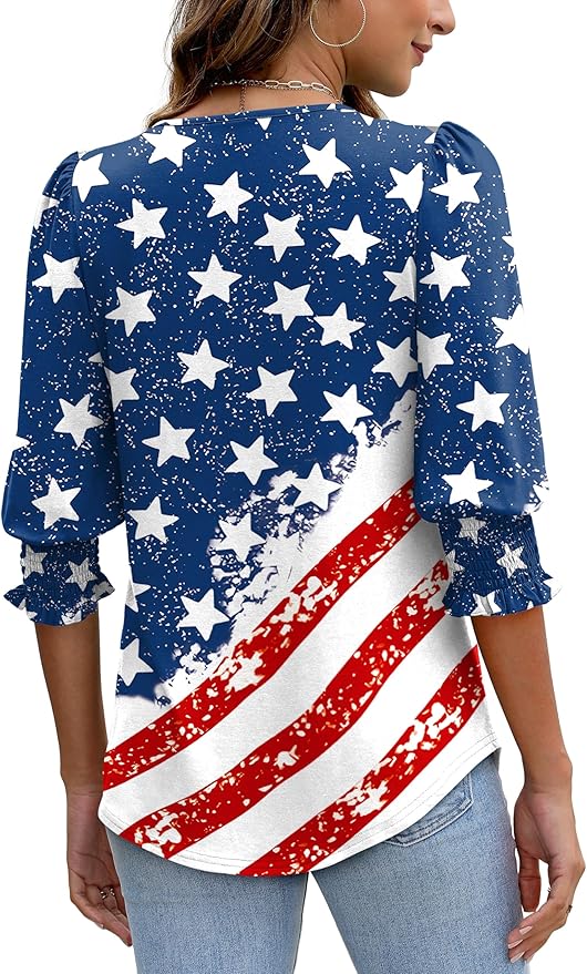 XIEERDUO Blouses for Women Dressy Casual 3/4 Length Sleeve Womens Tops with Smocked Cuffs