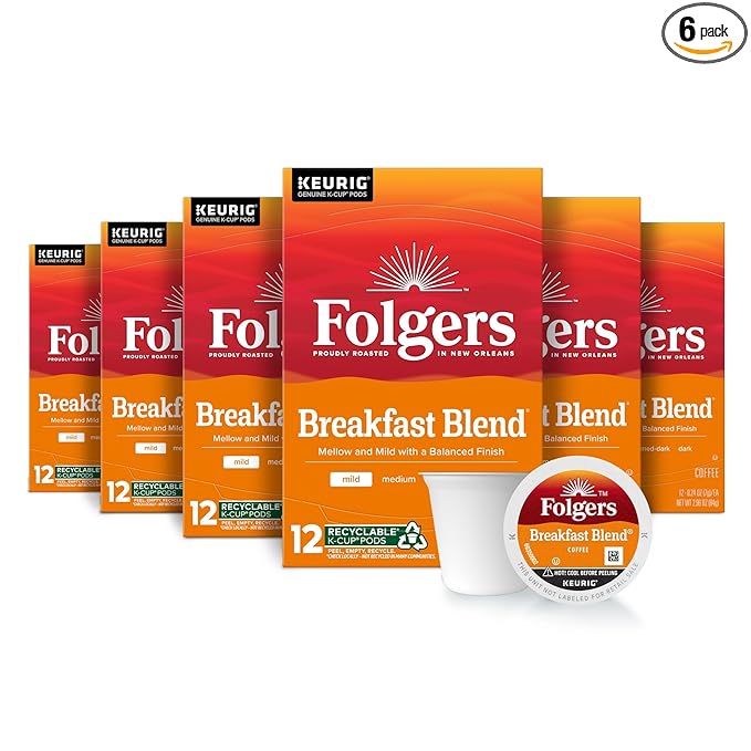 Folgers Breakfast Blend Mild Roast Coffee, 72 Keurig K-Cup Pods