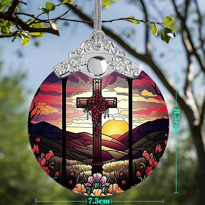 Jocidea Cross Christmas Ornament - Stained Glass Holiday Decoration for Tree, Xmas Gift Idea