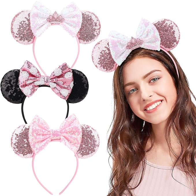 DRESHOW Mouse Ears Bow Headbands Minnie Ears Headband Glitter Party Decoration Cosplay Costume for Women