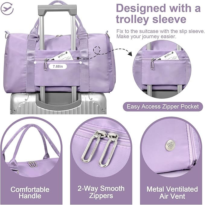 FIORETTO Womens Gym Tote Duffle Bag with Wet Pocket & Shoe Compartment, Sports Duffel Overnight Weekender Hospital Workout Carry on Bag for Girls, Ideal for Travel, Swimming, Dance, Ballet Purple