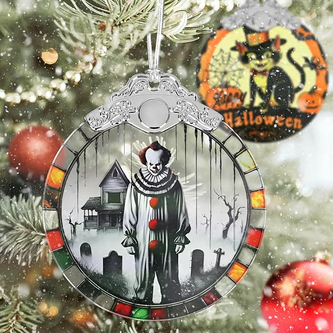 Spooky Clown Graveyard Stained Glass Christmas Ornaments - Perfect for Holiday Party, Window & Home Decor