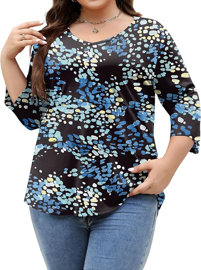 TFSDOD Womens Plus Size Tops V Neck T Shirts 3/4 Sleeve Blouse Summer Casual Tees XL-5X