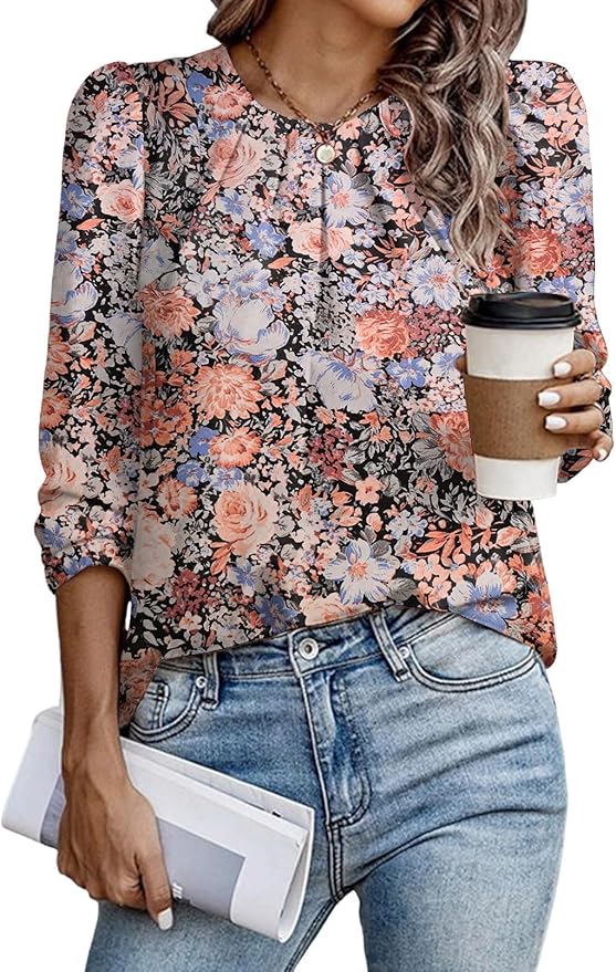 Samefar Womens Tops Dressy Casual Pleated Crew Neck Long Sleeve Shirts Office Work Chiffon Blouses