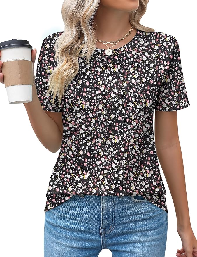 Kistore Womens Casual Crew Neck Short Sleeve Pleated Tops Blouses Fashion Clothes 2026
