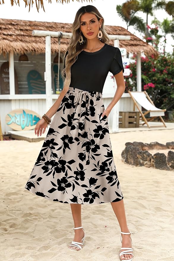 Zeagoo Womens Midi Dress Summer Short Sleeve Dress with Pockets 2025 Casual Floral T-Shirt Dress Flowy Beach Sundress