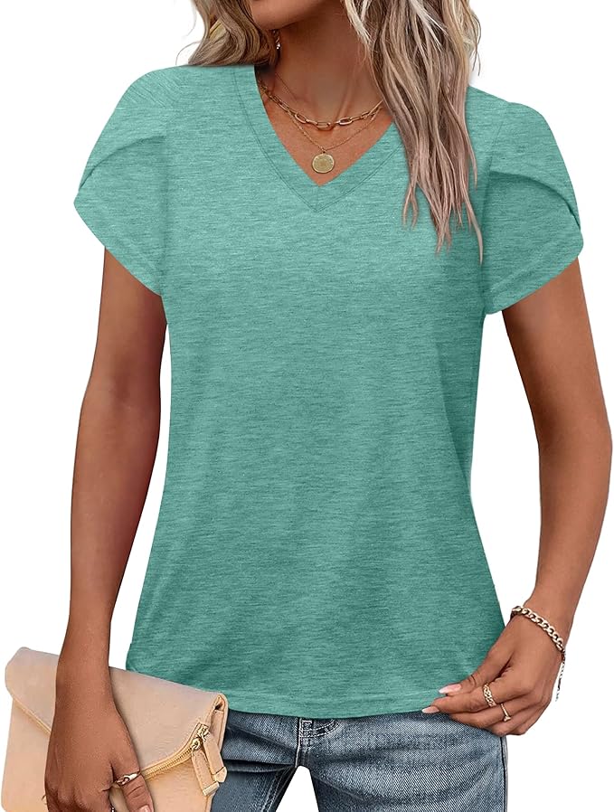 WIHOLL Womens Tops V Neck Summer Petal Sleeve Casual Tshirts