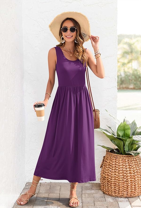 WNEEDU Women's Summer Maxi Dress 2026 Casual Sleeveless Hawaiian Sundress Tropical Long Dress Beach Vacation Outfit