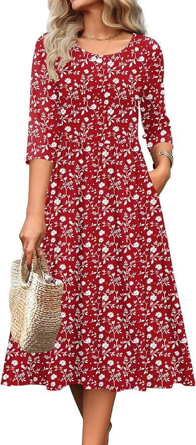 Zeagoo 3/4 Sleeve Women's Dress Casual Flowy A-Line Midi Tshirt Dresses with Pockets Crewneck Vocation Boho Beach Sundress