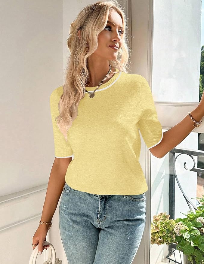 Zeagoo Women Short Sleeve Sweater Summer Crew Neck Dressy Casual Soft Knit Pullover Tops Trendy