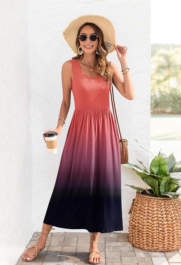 WNEEDU Women's Summer Maxi Dress 2026 Casual Sleeveless Hawaiian Sundress Tropical Long Dress Beach Vacation Outfit