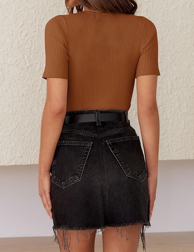 ZESICA Women's Short Sleeve Sweater Tops 2026 Summer Crewneck T Shirt Ribbed Knit Slim Fit Basic Solid Color Tee