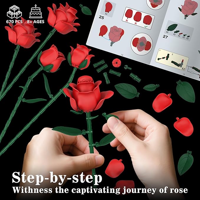 Red Roses Flower Bouquet Building Sets, 670Pcs Artificial Flowers Building Blocks Compatible with Lego Flowers Valentines Day Gifts for Her/Mom/Girlfriend/Wife/Couple Romantic Table Home Decor