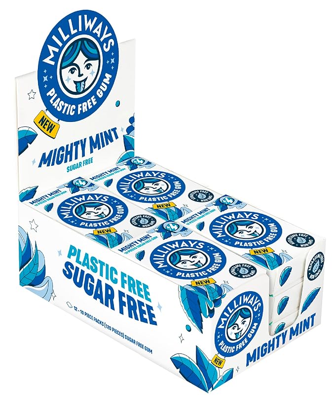 Milliways Mighty Mint | Plastic Free Gum | Xylitol, Aspartame-Free, Sugar-Free, Plant-Based, Natural Chewing Gum | 40 Pieces Total (4 Packs of 10 Pieces)