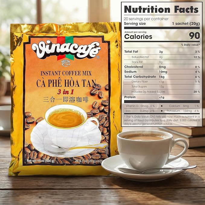 Vinacafe Instant Coffee Packets 3 in 1 Authentic Vietnamese Taste, Balanced Medium Roast Coffee Mix for Quick Preparation at Home, Office or Travel, Single Serve Sachets (Pack of 2 | 20 Sachets Per Bag)