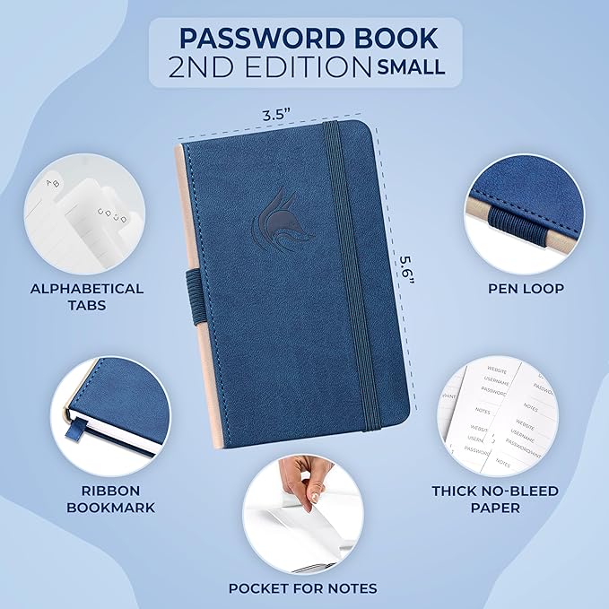 Clever Fox Password Book 2nd Edition Small – Pocket Password Keeper with Alphabetical Tabs – Internet Address Notebook & Login Details Organizer Journal – 3.5x5.6” (Smoke Blue)