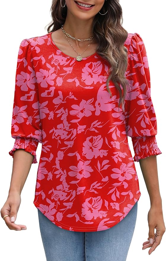 XIEERDUO Blouses for Women Dressy Casual 3/4 Length Sleeve Womens Tops with Smocked Cuffs