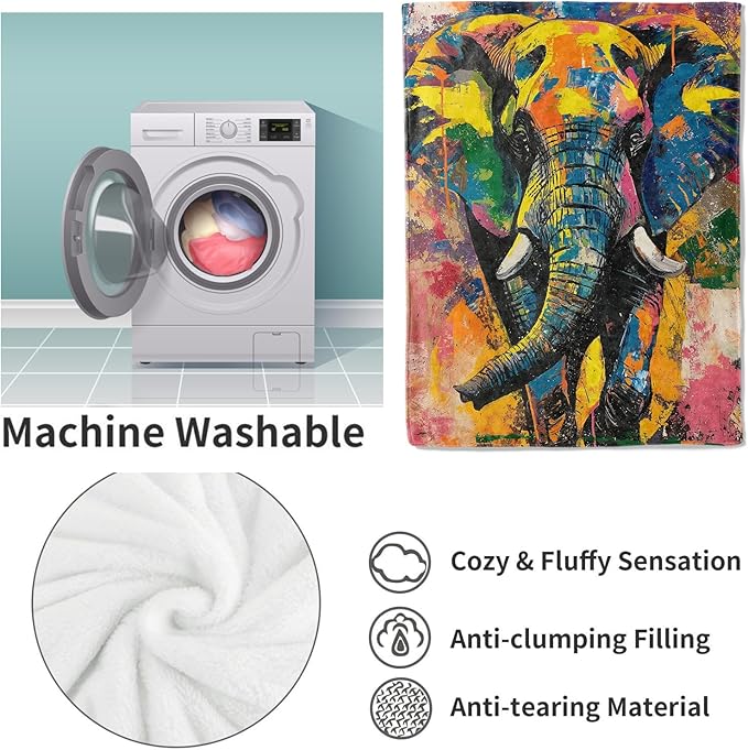 Elephant Painting Blanket, Colorful Elephant Flannel Throw Blankets,Soft Warm Lightweight Cozy Plush Animal Throws for Bedroom Sofa Office Home Decor Gifts for Women Kids 80"x60"
