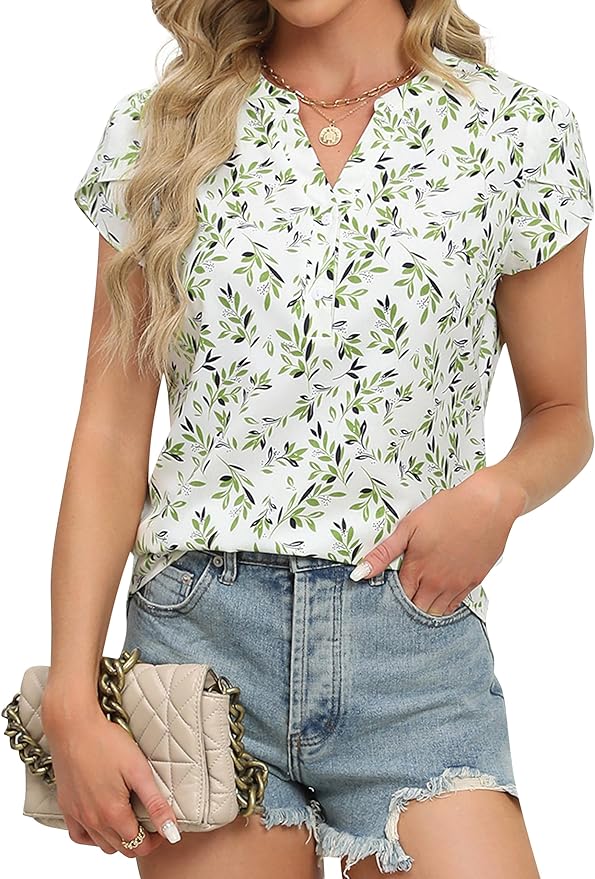 Blooming Jelly Women's Dressy Casual Tops Business Work Blouses White Button Down Shirts Cap Sleeve V Neck Tshirt