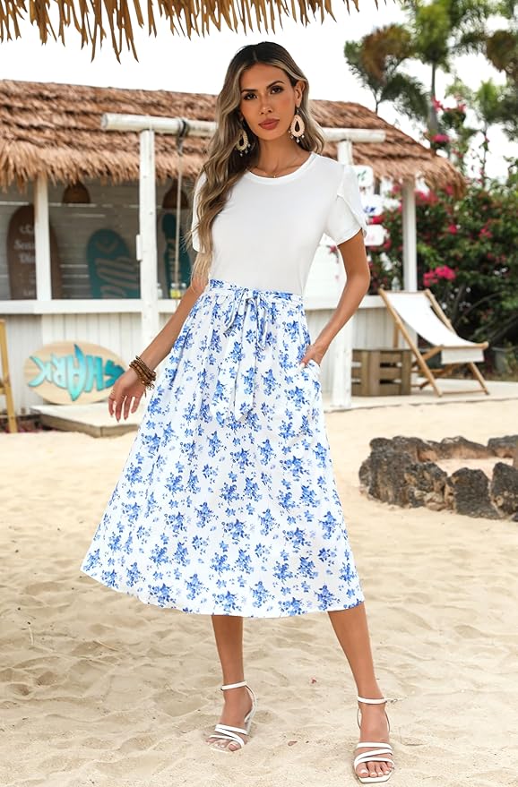 Zeagoo Womens Midi Dress Summer Short Sleeve Dress with Pockets 2025 Casual Floral T-Shirt Dress Flowy Beach Sundress