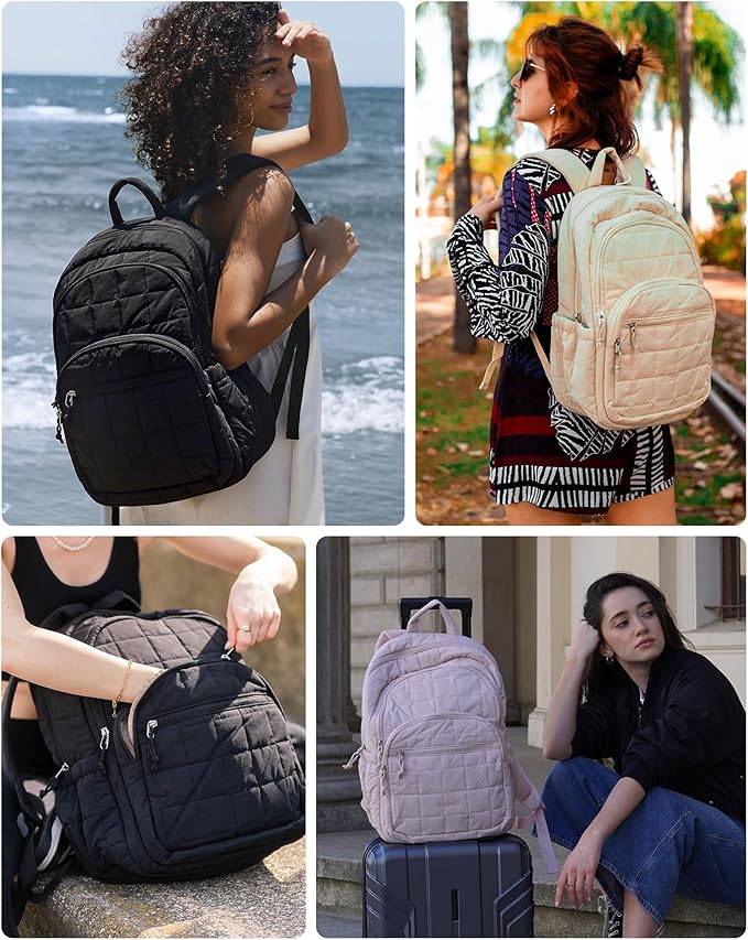 BAGSMART College Laptop Backpack, Travel Laptop Backpack for Women, Quilted Casual Daypack, Water-Resistant Bookbag for 15.6 Inch Laptop, Beige