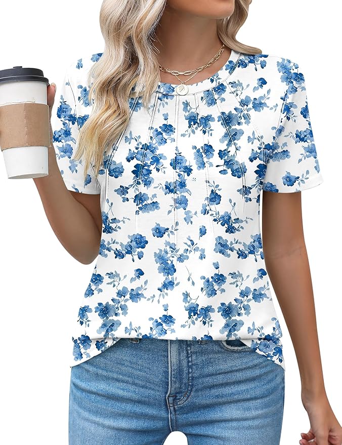 Kistore Womens Casual Crew Neck Short Sleeve Pleated Tops Blouses Fashion Clothes 2026